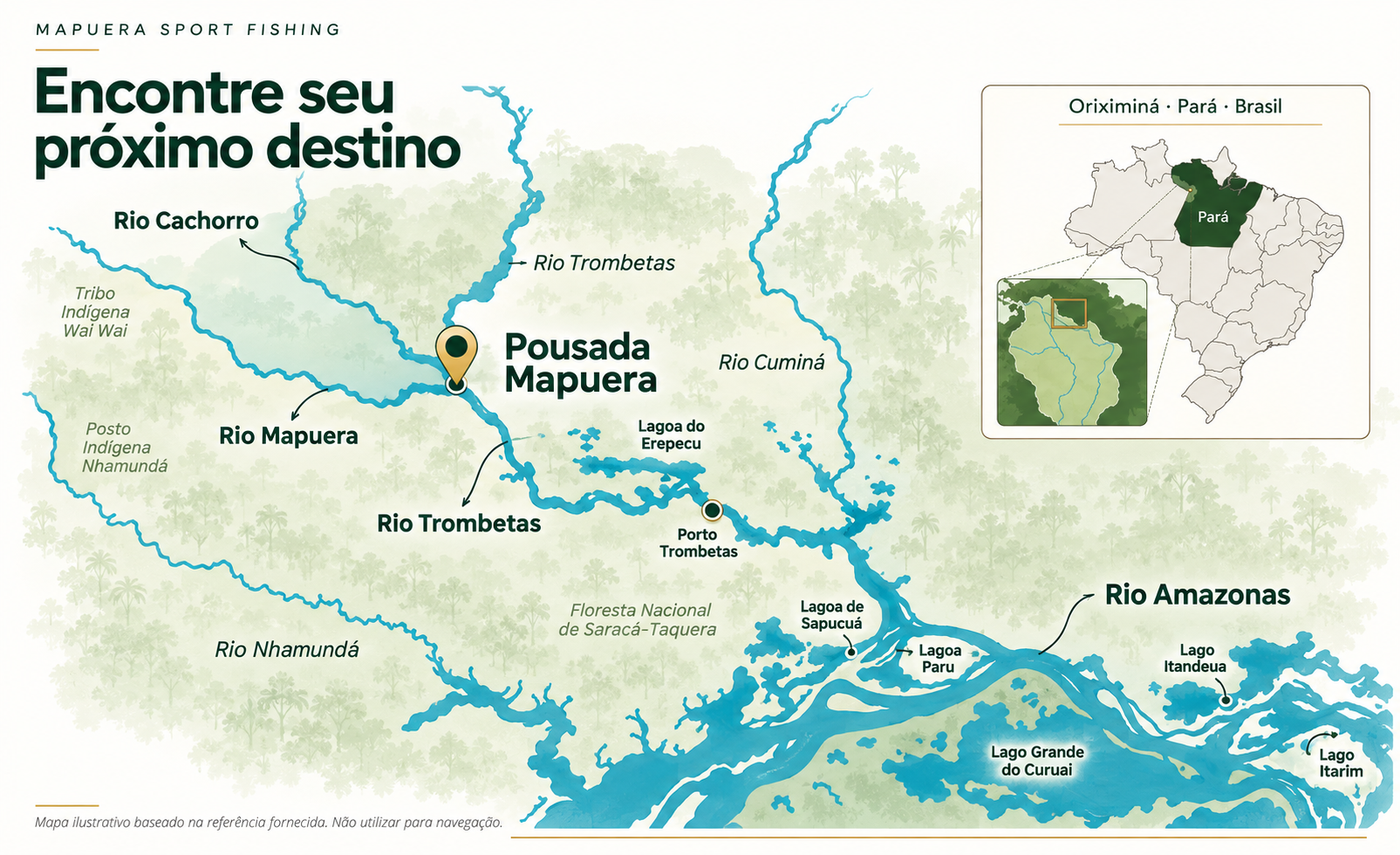 Mapa dos rios Mapuera, Trombetas e Cachorro e localização da pousada no Pará